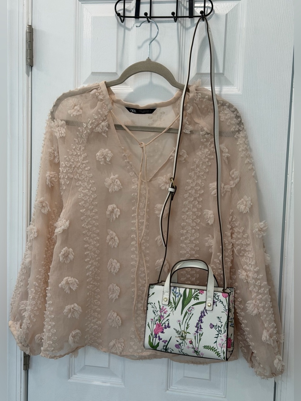 Zara Women's Sheer Embroidered Blouson Top in Blush&shoulder bag